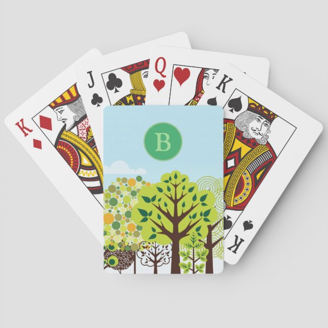 Modern Forest Garden Art Green Nature Monogram Poker Cards (Back)