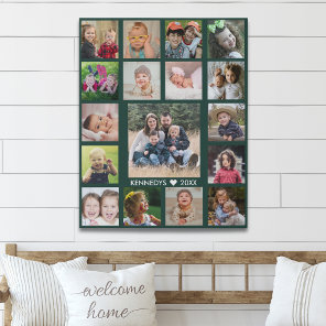 Modern Forest Green 17 Photo Collage Family Name Faux Canvas Print