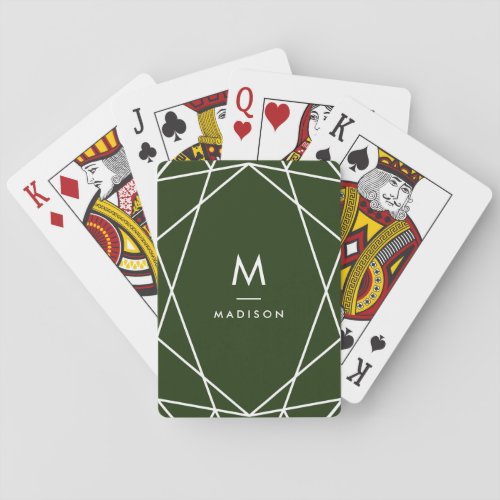 Modern Forest Green and White  Monogram Playing Cards