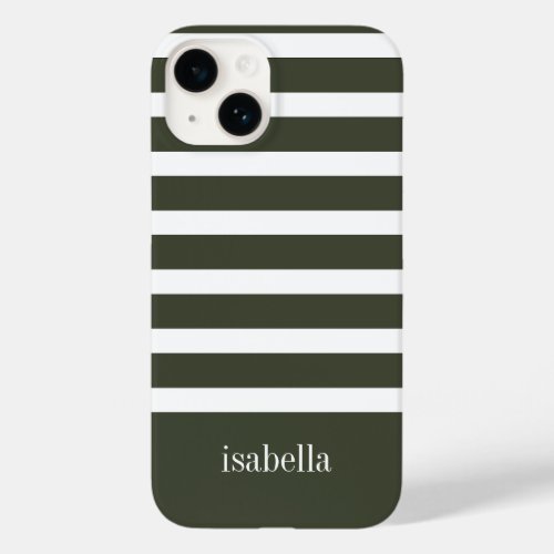 Modern Forest Green and White Stripe with Monogram Case_Mate iPhone 14 Case