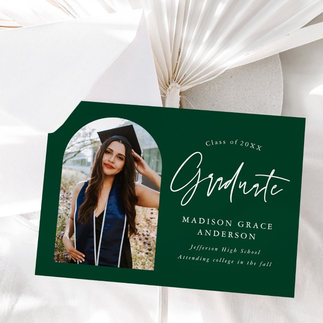 Modern Forest Green Arch Photo Graduation Announcement (Creator Uploaded)
