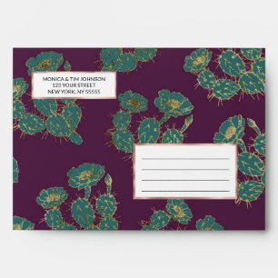Modern forest green burgundy gold cactus floral envelope