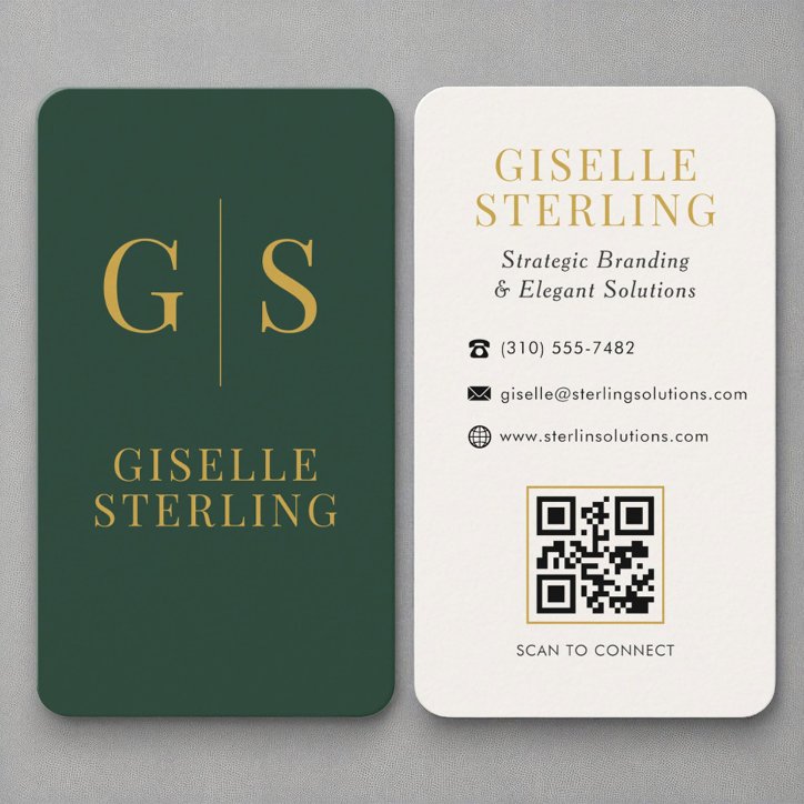 Modern Forest Green Gold Monogram QR Code Business Card