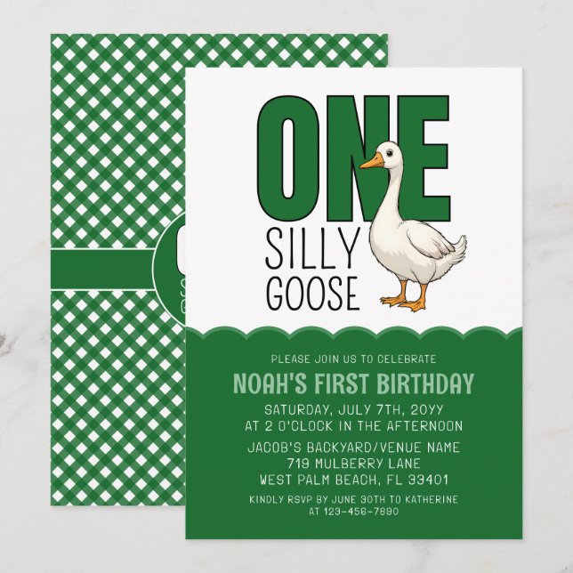 Modern Forest Green One Silly Goose 1st Birthday  Invitation (Front/Back)
