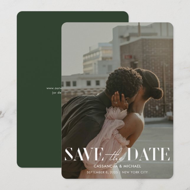 Modern Forest Green Photo Wedding Save Date Invitation (Front/Back)