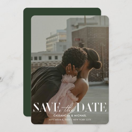 Modern Forest Green Photo Wedding Save Date Invitation