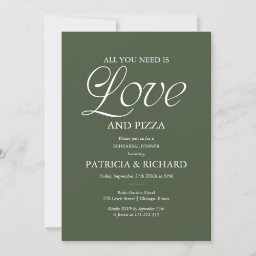Modern Forest Green Pizza Wedding Rehearsal Invitation