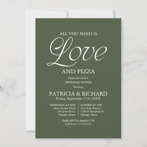 Modern Forest Green Pizza Wedding Rehearsal Invitation