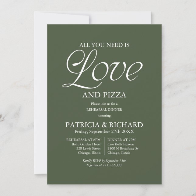 Modern Forest Green Pizza Wedding Rehearsal Invitation (Front)