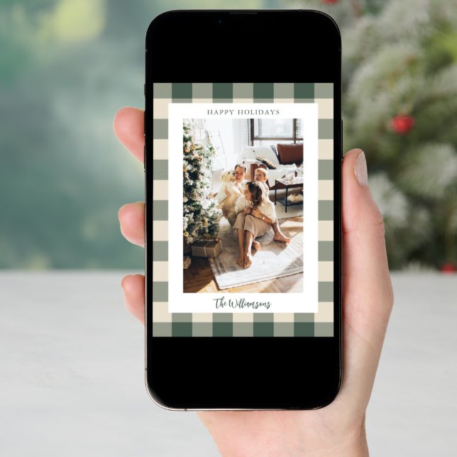 Modern Forest Green Plaid Rustic 2 Photo Christmas Holiday Card (Front Digital)