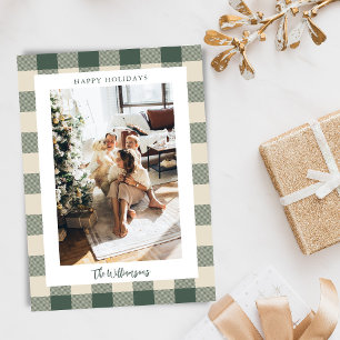 Modern Forest Green Plaid Rustic 2 Photo Christmas Holiday Card