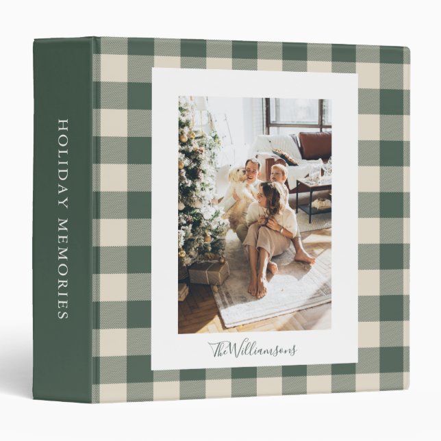 Modern Forest Green Plaid Rustic Photo Christmas   3 Ring Binder (Front/Spine)