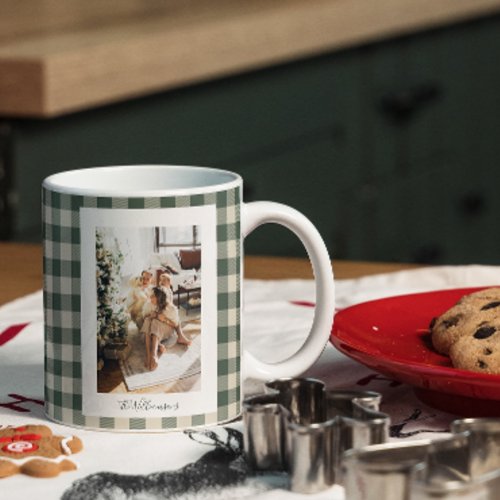 Modern Forest Green Plaid Rustic Photo Christmas   Giant Coffee Mug