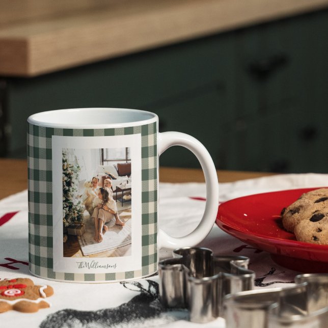 Modern Forest Green Plaid Rustic Photo Christmas   Giant Coffee Mug (Creator Uploaded)