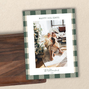 Modern Forest Green Plaid Rustic Photo Christmas Holiday Card