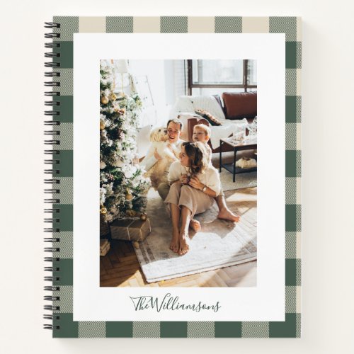 Modern Forest Green Plaid Rustic Photo Christmas  Notebook