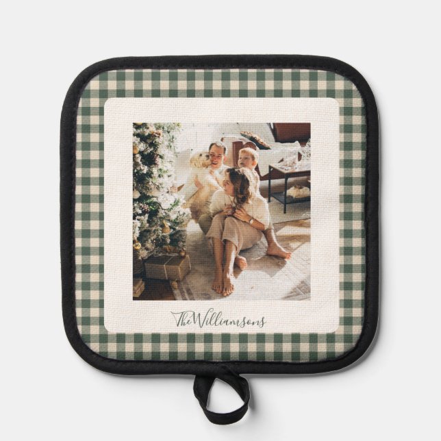 Modern Forest Green Plaid Rustic Photo Christmas   Pot Holder (Front)