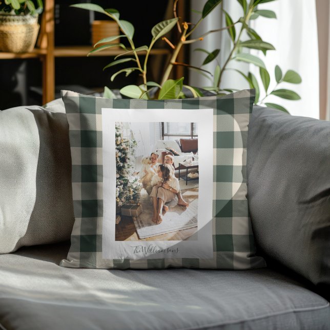 Modern Forest Green Plaid Rustic Photo Christmas  Throw Pillow (Creator Uploaded)