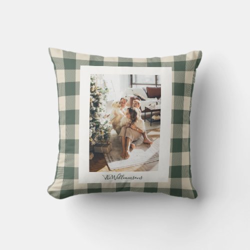 Modern Forest Green Plaid Rustic Photo Christmas  Throw Pillow