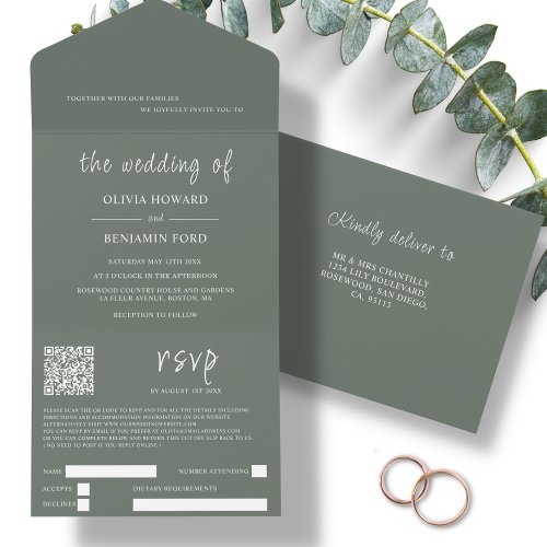 Modern Forest Green QR Code All In One Invitation