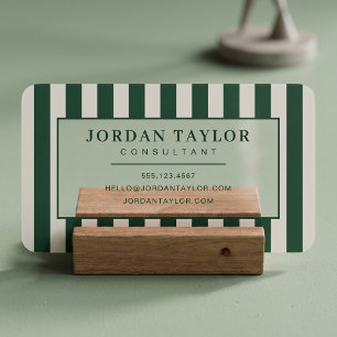 Modern Forest Green Striped Monogram Clear Business Cards