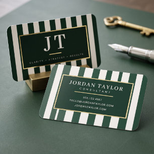 Modern Forest Green Striped Monogram Foil Business Cards