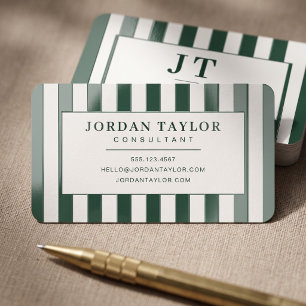 Modern Forest Green Striped Monogram Raised Spot UV Business Card