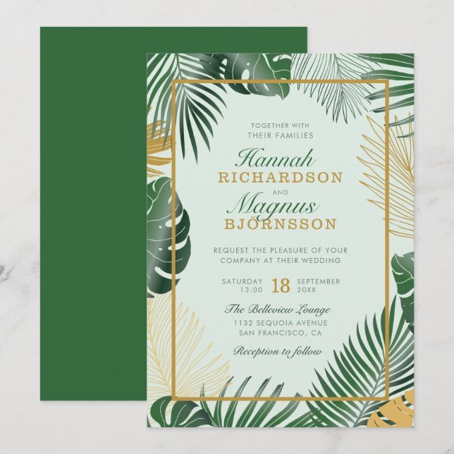 Modern Forest Green Tropical Leaves Modern Wedding Invitation (Front/Back)