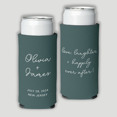 Modern forest green wedding quote seltzer can cooler