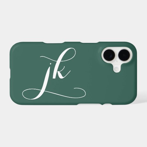 Modern Forest Green White Script Monogram Name iPhone 17 Case