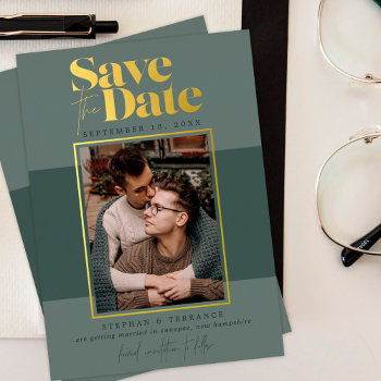 Modern Forest Greens Photo Save The Date Foil Invitation by TheSpottedOlive at Zazzle
