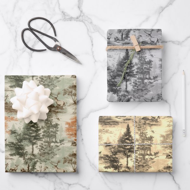 Modern Forest Hunting Green Toile de Jouy Pattern Wrapping Paper Sheets (Front)