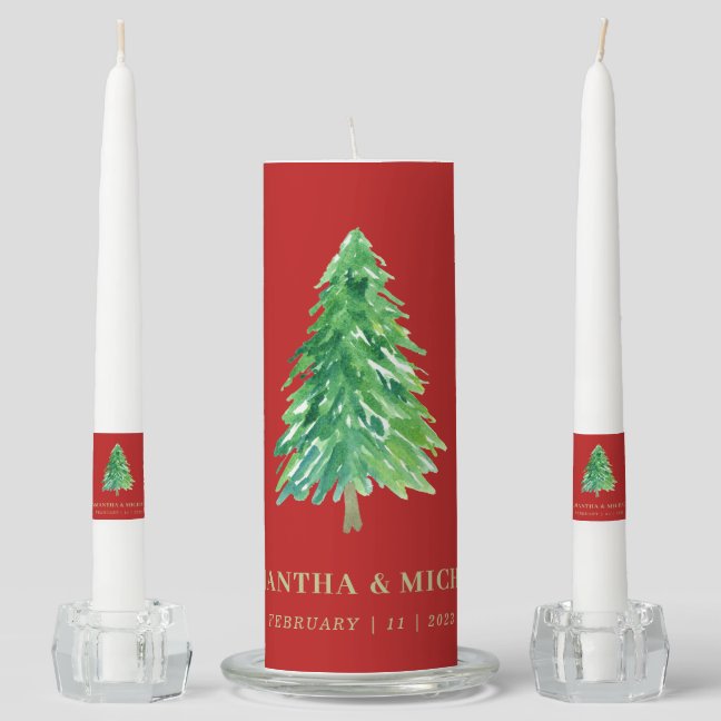 Modern Forest Tree Watercolor | Red Christmas Unity Candle Set