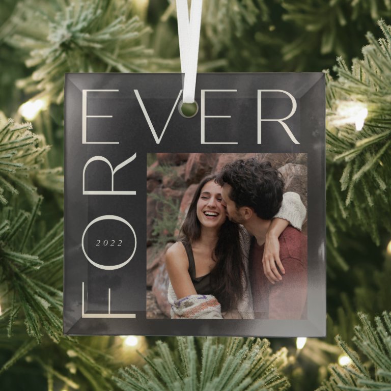 Modern Forever Couples Photo &amp; Year Glass Ornament
