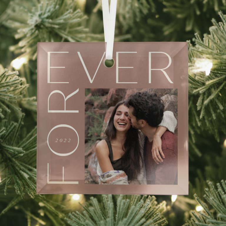 Modern Forever Couples Photo &amp; Year Glass Ornament
