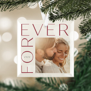 Modern Forever Couples Photo & Year Glass Ornament