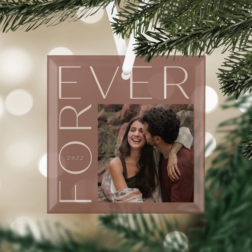 Modern Forever Couples Photo &amp; Year Glass Ornament