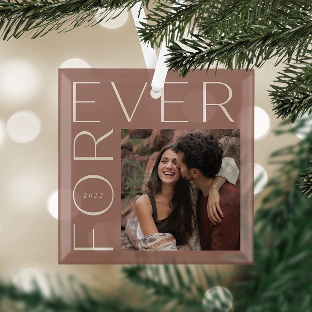Modern Forever Couples Photo & Year Glass Ornament (Creator Uploaded)