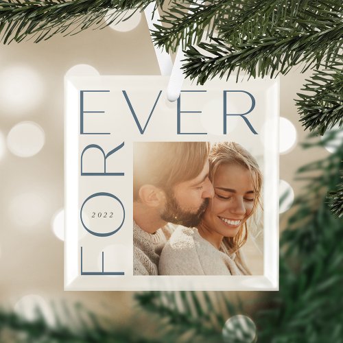 Modern Forever Couples Photo &amp; Year Glass Ornament