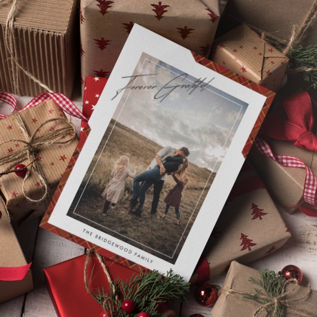 Modern 'Forever Grateful' Plaid Photo Christmas Holiday Card (Creator Uploaded)