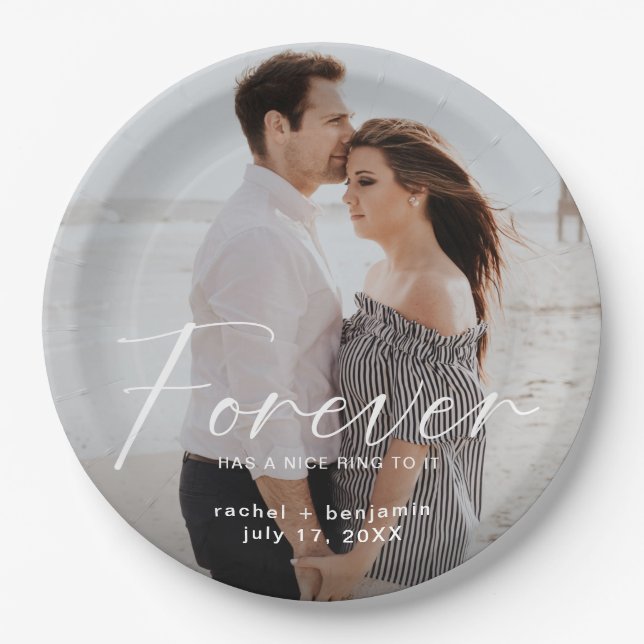 Modern Forever has a nice ring Photo Engagement  Paper Plates (Front)