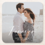 Modern Forever Has A Nice Ring Photo Engagement  Square Paper Coaster at Zazzle