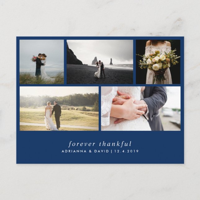 Modern Forever Thankful | Navy Blue Wedding Photos Postcard (Front)