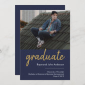 Modern Formal Blue Gold Graduate Script Graduation Announcement (Front/Back)
