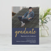 Modern Formal Blue Gold Graduate Script Graduation Announcement (Standing Front)