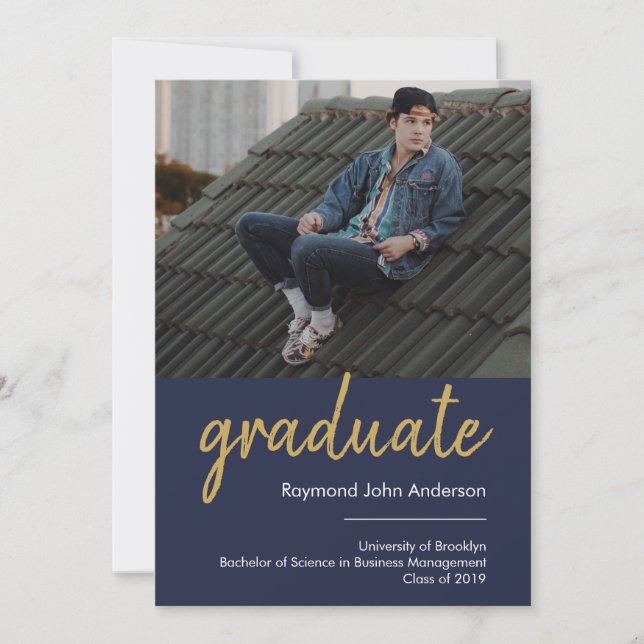 Modern Formal Blue Gold Graduate Script Graduation Announcement (Front)