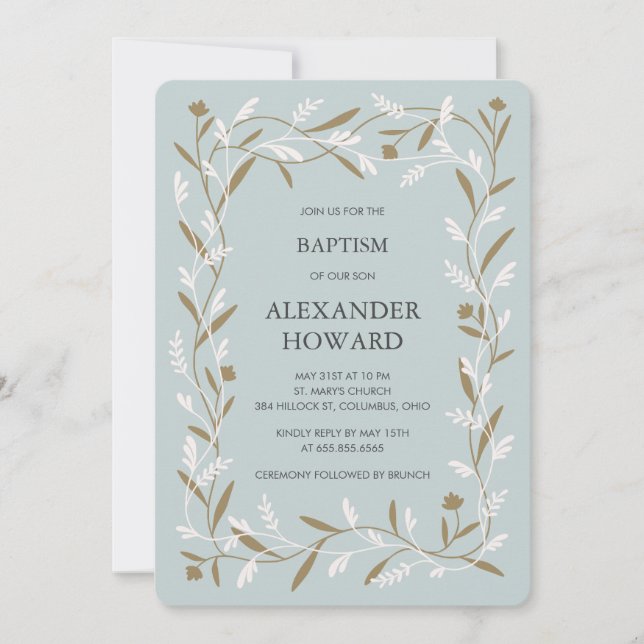 Modern formal botanical vines christian baptism invitation (Front)