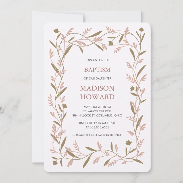 Modern formal botanical vines christian baptism invitation (Front)