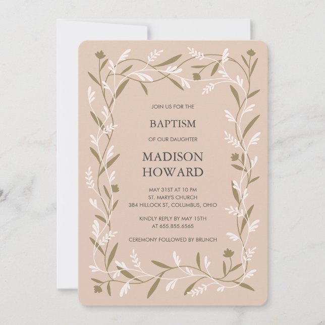 Modern formal botanical vines christian baptism invitation (Front)