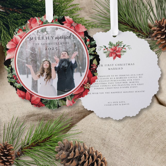 Modern Formal Floral Merrily Married Newlywed Ornament Card (elegant red floral winter wedding ornament holiday cards for elopement announcement christmas gifts)